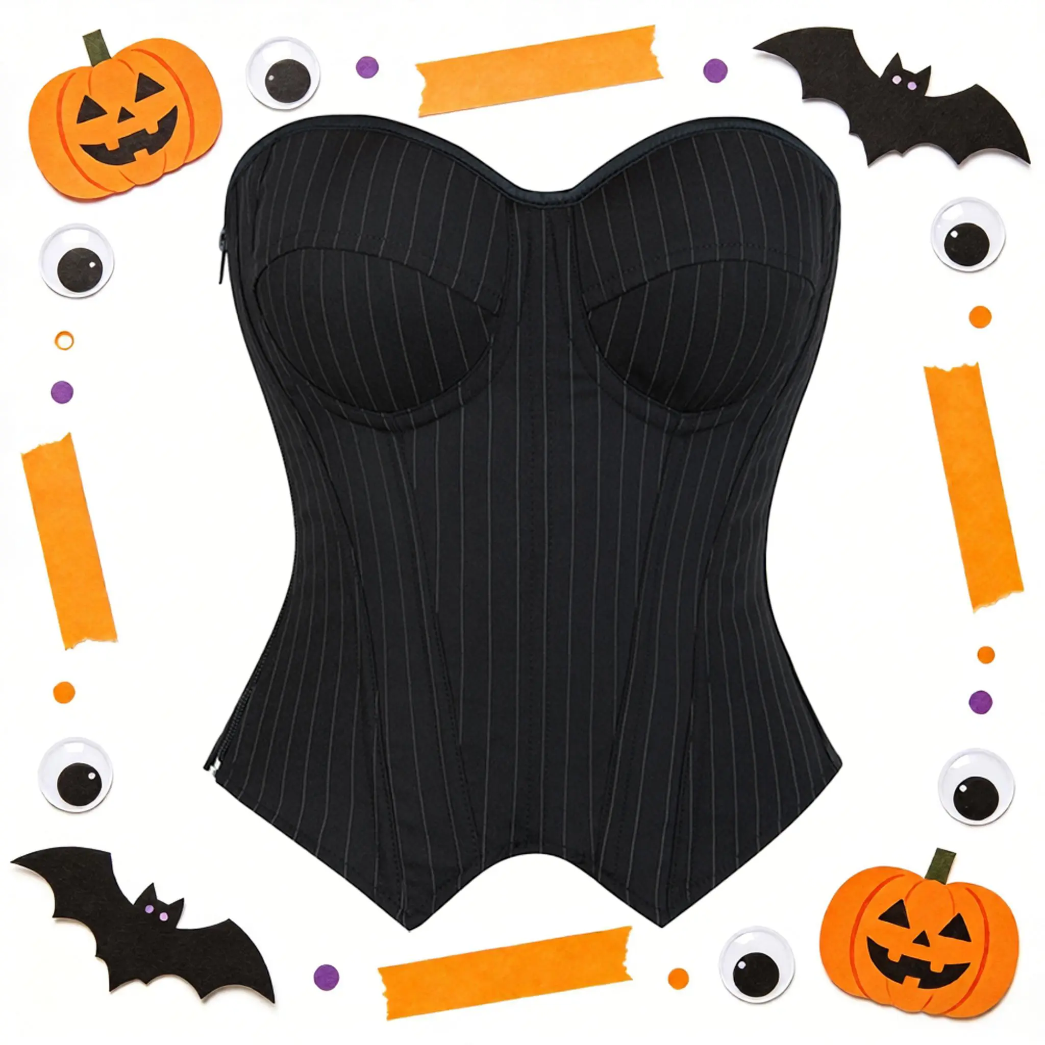 Lunoo Women's Vertical Striped Strapless Overbust Corset Top - Boned, Poly-Spandex Blend Bodysuit Shapewear with Zipper, Built-in Cups, Preppy Style for Daily Wear, Costume Parties, Hand Wash Only