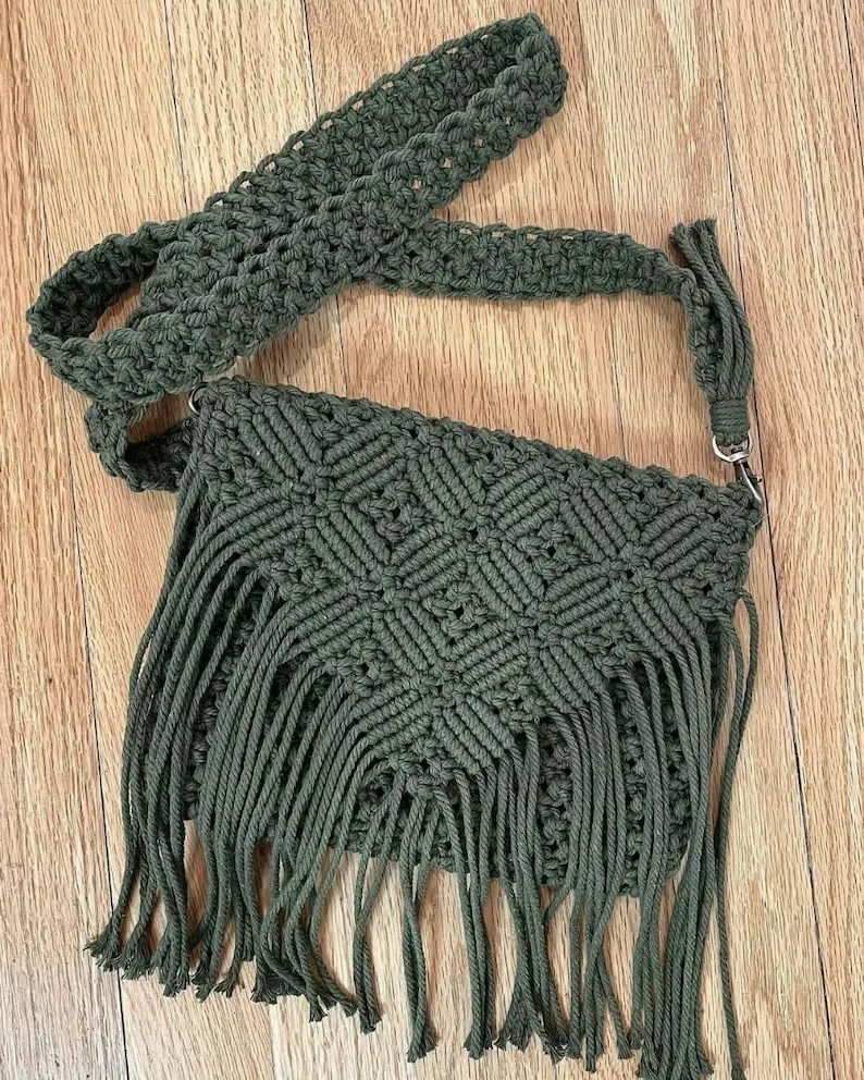 Boho Army Green Macrame Purse Patterned Handmade Bag Now Trending Rare Statement Piece Bag Fringe Purse Birthday Gift Mom Friend Purse