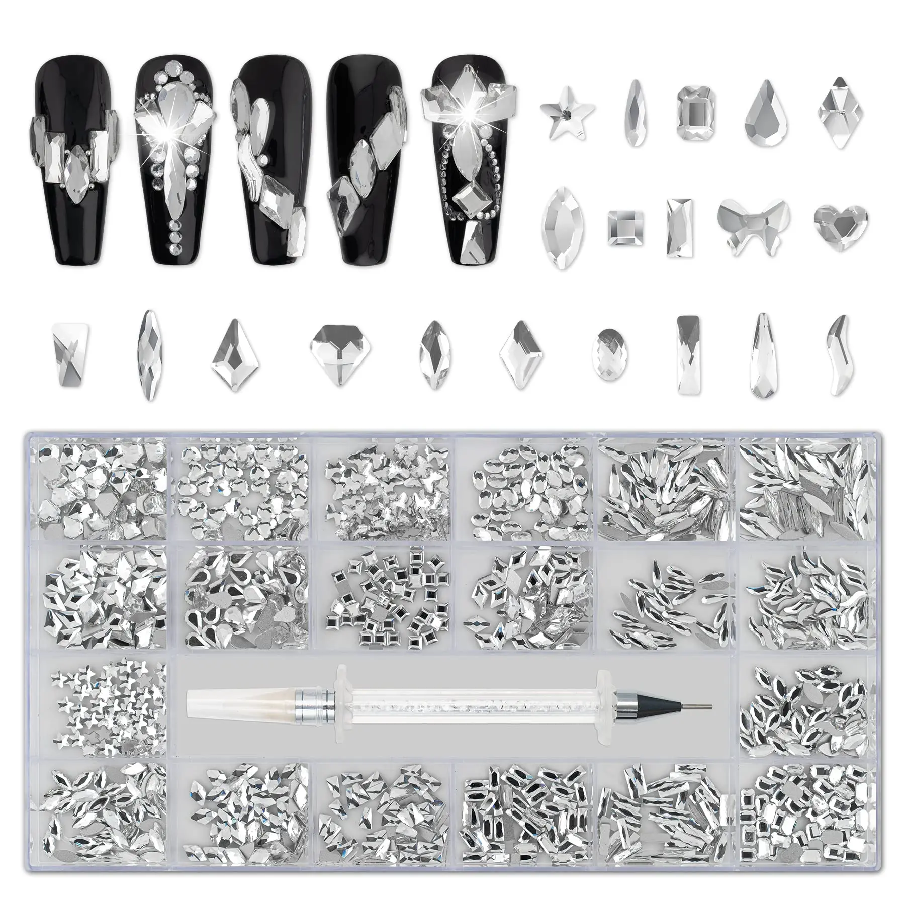 Nail Art Rhinestone Set, containing 600 rhinestones in 12 different shapes—including irregular-shaped AB rhinestones and flat-back rhinestones—as well as 3D DIY nail art crystals, suitable for nail art designs