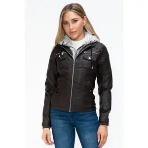 YMI Removable Faux Layered Multi-Pocket Jacket with Fuzzy Hood