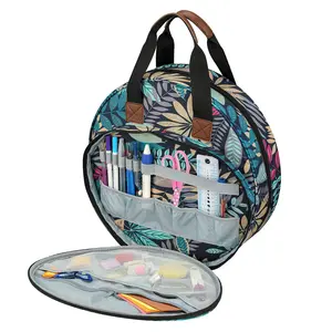 Embroidery Thread Bag with Maple Leaves Round Embroidered Circle Bag Blue Color Knitting Tote Bag Sewing Accessories