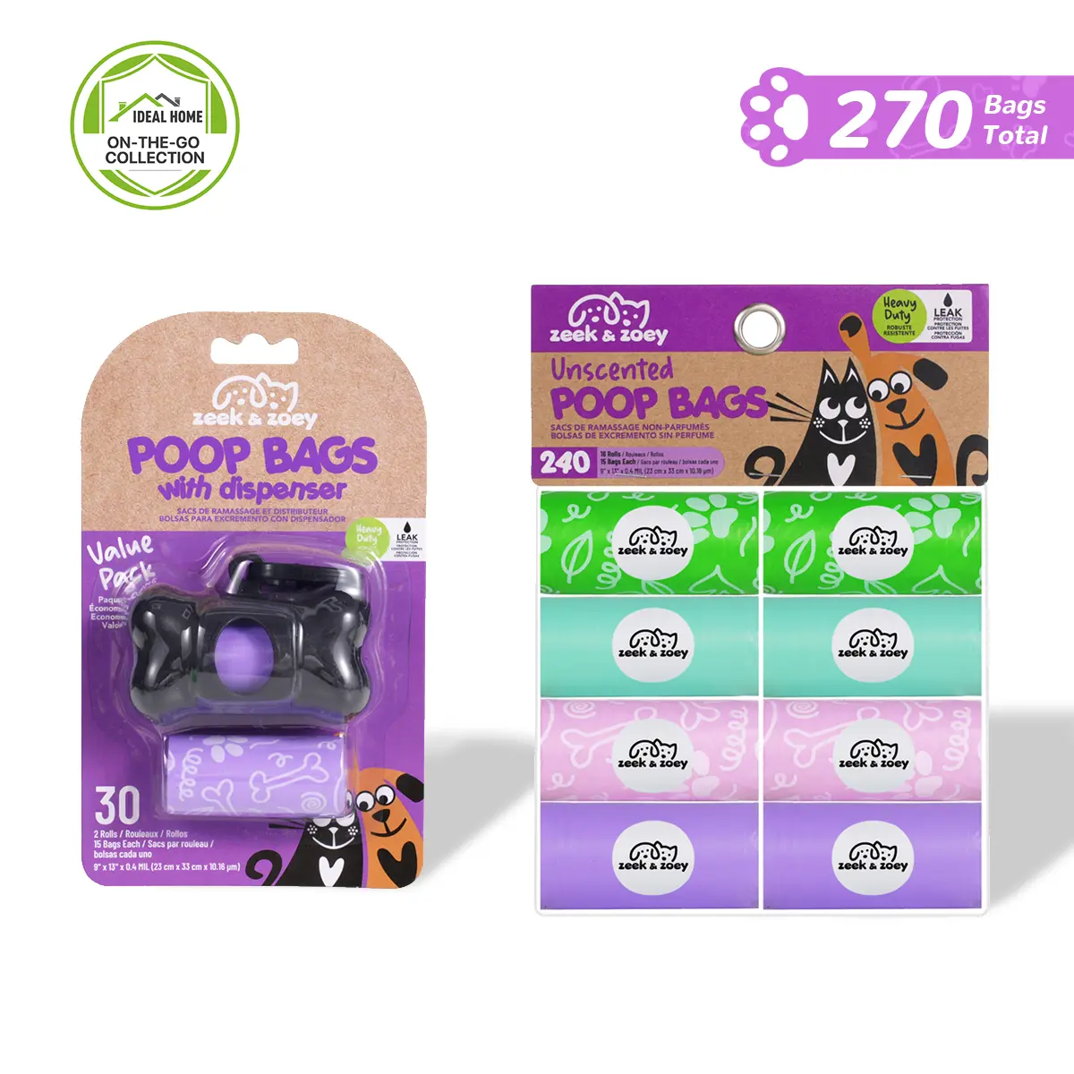Zeek & Zoey Heavy Duty Dog Poop Bags with Bone-Shaped Dispenser, Leak-Resistant Pet Waste Bags for Walking, Travel, Dog Parks & Outdoor Use