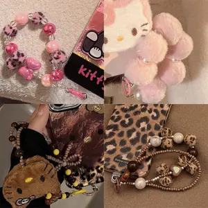 Cute Beaded Phone Wrist Strap Fuzzy Plush Leopard Print Handmade Bracelet Lanyard Kawaii Vintage Style for Women