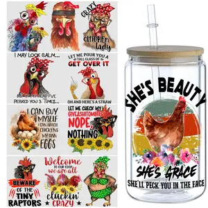 5 Sheets chicken UV DTF Cup Wrap,Sport DTF Transfer Stickers for Glass Cup,Waterproof funny chick Rub on Transfers for 16 oz Glass,Mugs,Crafts,Furnitures