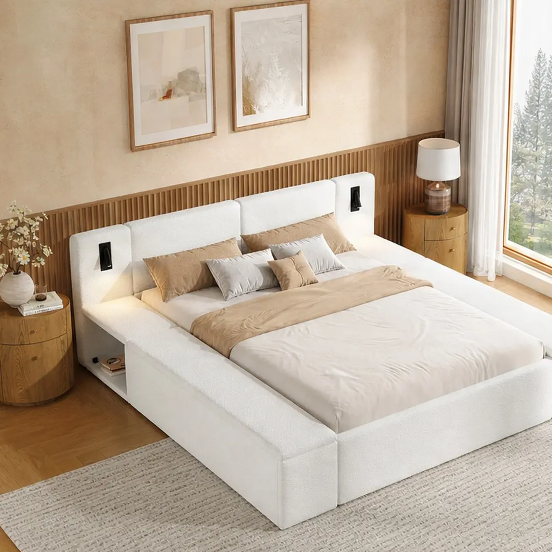 Queen Size Teddy Fleece Upholstered Platform Bed Frame with Massive Hidden Storage, Modern Bouclé Fabric Bed with Built-in Nightstands & LED Reading Lights, Wood Slats, No Box Spring Needed, White, King/Queen Options, King/Queen Size Options