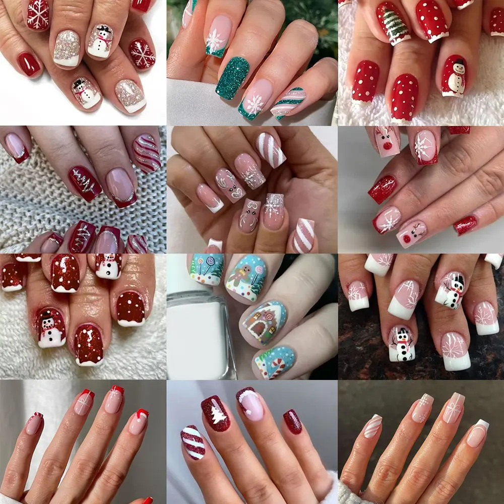 Christmas 288pcs Square Nail Art Set, Mixed Designs Including French, Stripes, Snowman, Reindeer, Santa Hat, Gingerbread Man, Nail Kit