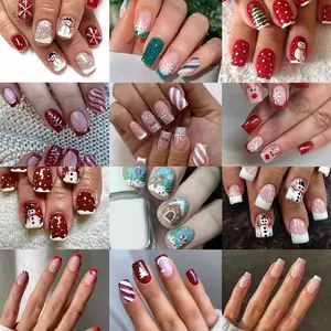 Christmas 288pcs Square Nail Art Set, Mixed Designs Including French, Stripes, Snowman, Reindeer, Santa Hat, Gingerbread Man