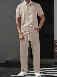 Men's Solid Color Plain High Texture Polo Shirt & Long Pants Set, Summer Breathable Luxurious Business Casual Formal Wear 2 Piece Set