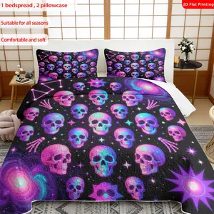 3 pcs, 2D Flat Print Gothic Skull Starry Night Bedspread Set, Soft and Comfortable, Multiple Sizes Available, Suitable for Gifting and Daily Use, Ideal for Creating a Cozy Home Atmosphere, Bedding Set(1 bedspread , 2 pillowcases)