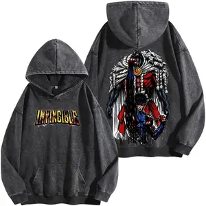 Invincible Thragg vs Mark Grayson Graphic Washed Hoodie | Vintage Washed Oversized Heavyweight T Shirt | Dark Superhero Comic Streetwear Shirt | Blood Fight Large Back Print Tee | Heavy Cotton Unisex