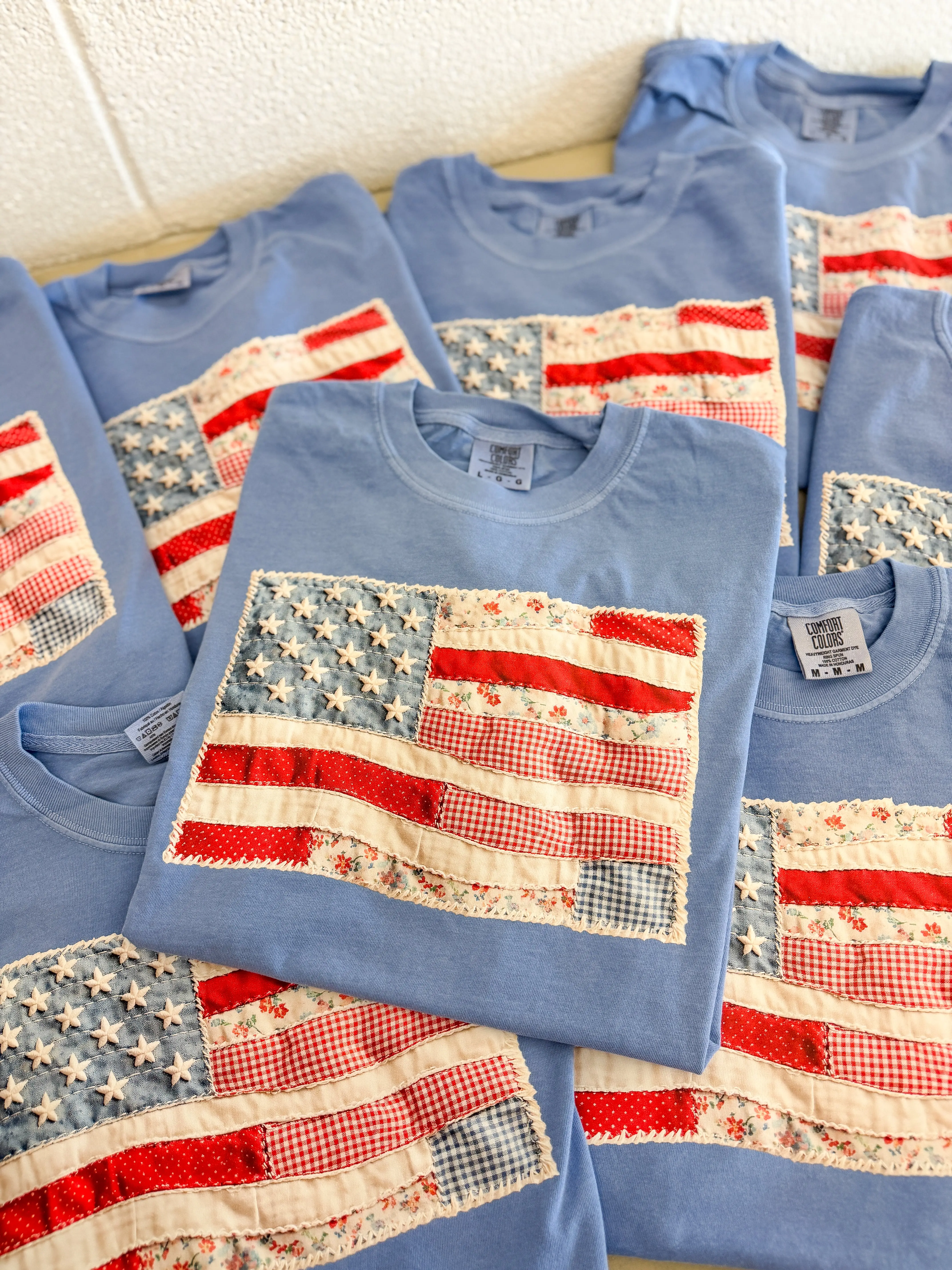 PREORDER: FAUX Patchwork Flag Graphic Tee, Washed Denim