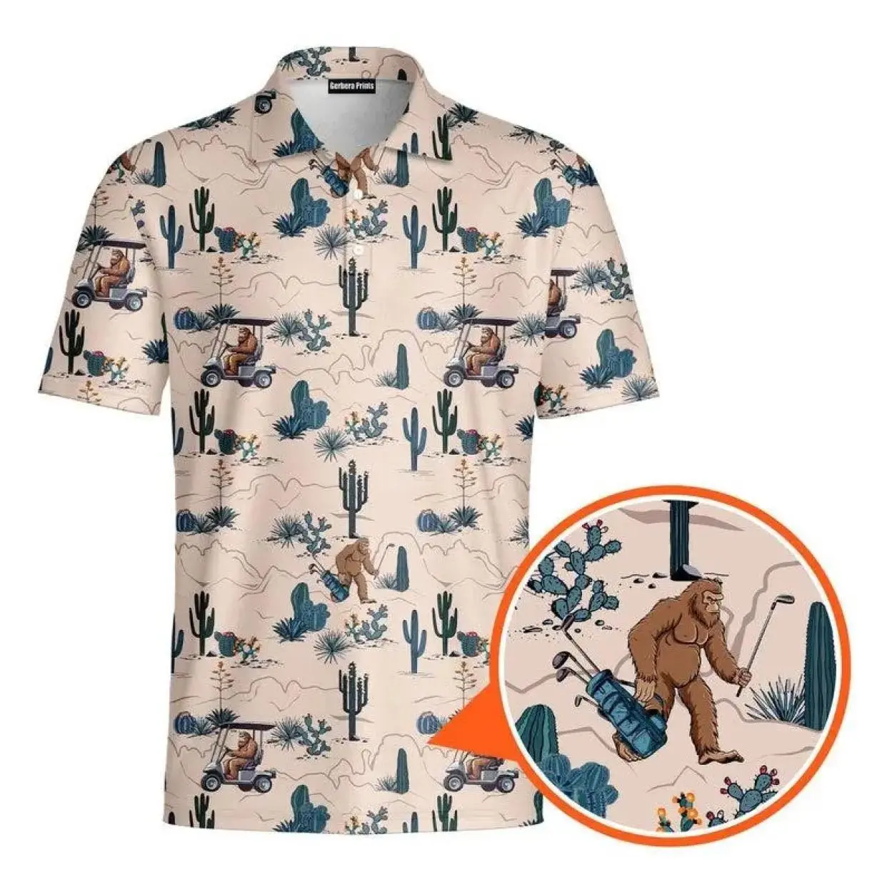 Men’s Sasquatch Desert Golf Polo, Funny Bigfoot Pattern Casual Shirt