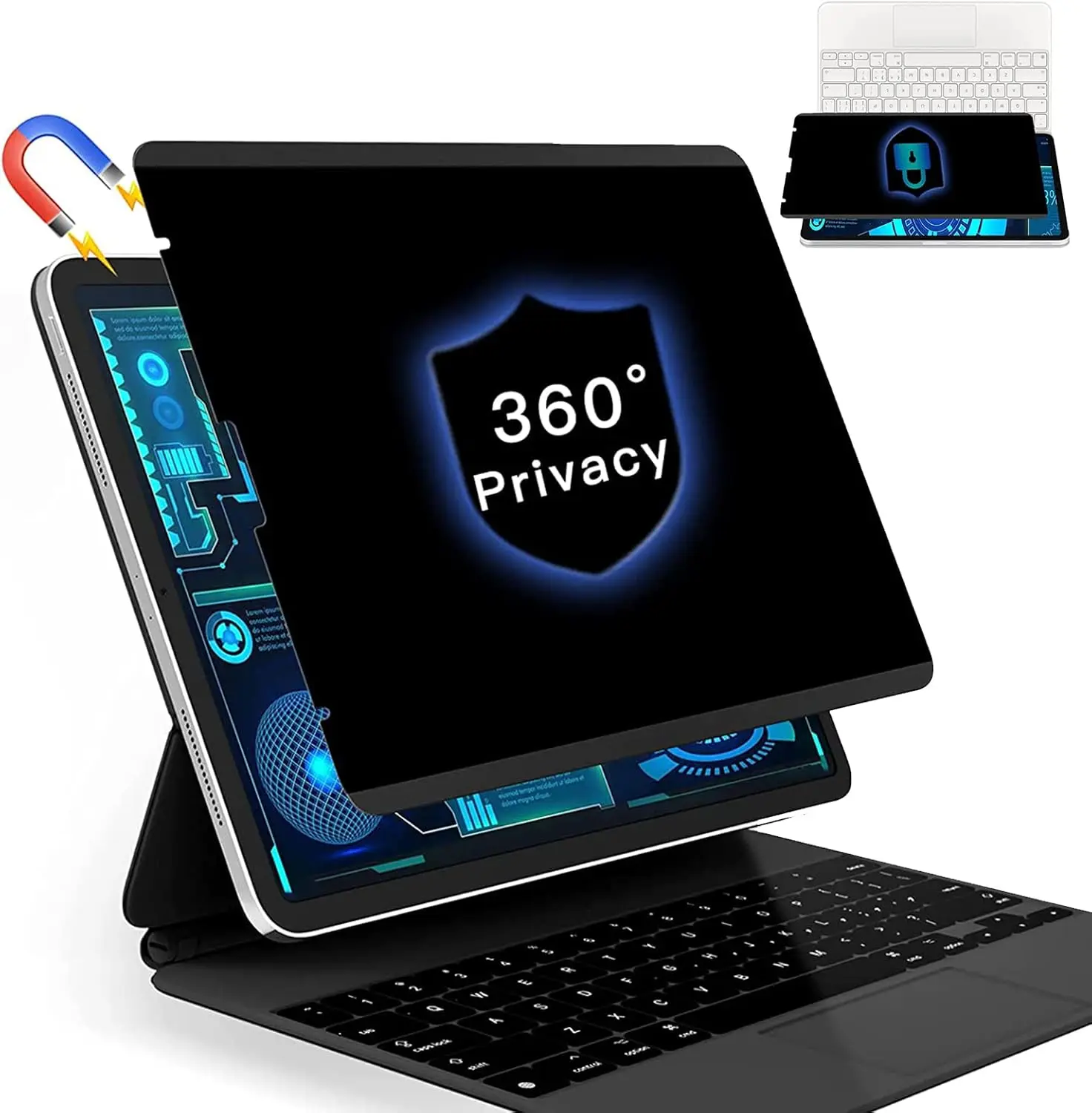 FILMEXT Magnetic 360° Privacy Screen Protector for iPad Pro 12.9 M2 M1 2021/2020/2018 (iPad Pro 12.9 6th/5th/4th/3rd Gen),Removable iPad Pro Anti Glare Anti-Spy Screen Filter[4 Way Privacy Filter]
