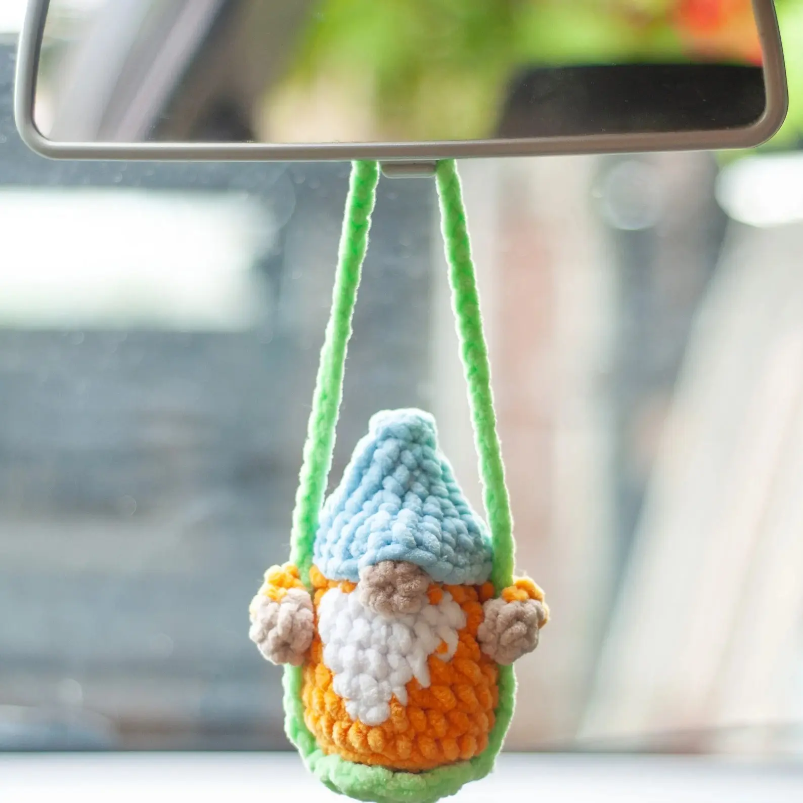 Yarn Bear - Gnome on a Swing Crochet.Crochet Car Hanger. Cute Car Accessories Interior Rear View Mirror Ornament Hanging