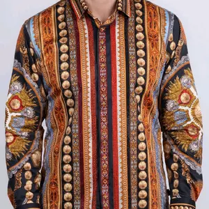 Barabas Men's Black and Gold Centenario Rhinestone Button Up Dress Shirt with Intricate Embroidery and Bold Design