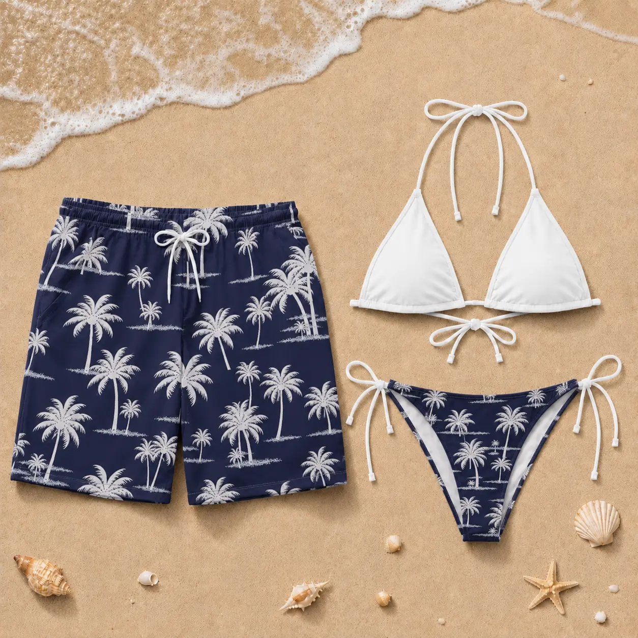 Navy Blue Palm Tree Matching Couple Swimwear Set – Women’s White String Bikini & Men’s Drawstring Board Shorts for Beach Vacation