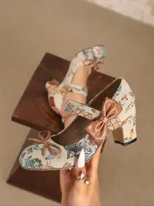 Women's Elegant High Heels Bow Accent Round Toe Chunky Heel Dress Shoes Comfortable Pumps for Commute Party Wedding Date Daily Wear Chic Summer Footwear