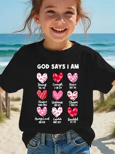 Sping & Summer Fashion Girls' Short Sleeve T-Shirt "GOD SAYS I AM ENOUGH..." 3D Heart Grid Cartoon Print Casual Versatile