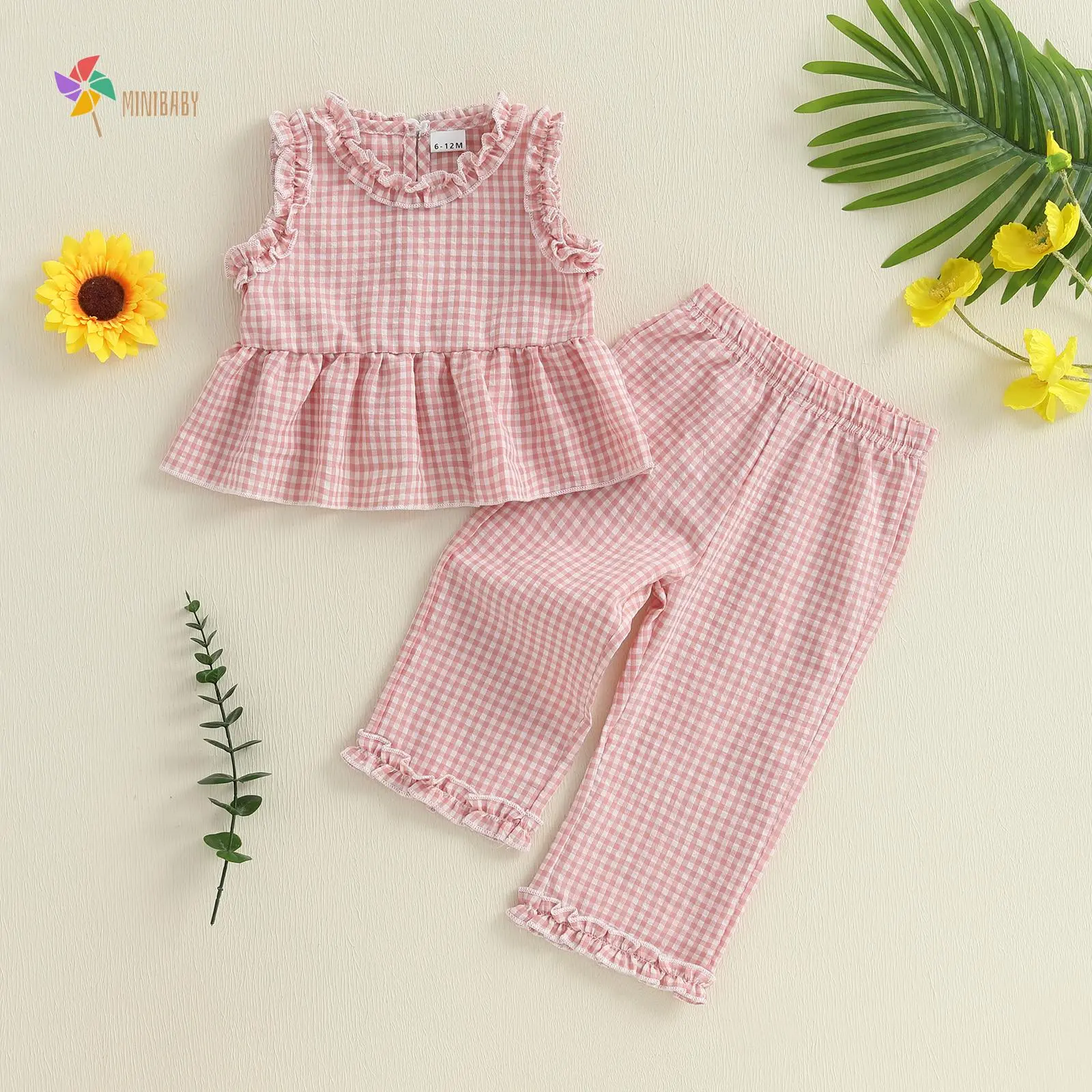 Baby Girl Clothes 2-Piece Summer Outfit, Plaid Sleeveless Ruffle Tank Top, Elastic Waist Frill Trim Pants for Toddlers, Two Piece Set