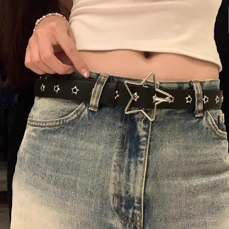 Unisex Hollow Out Star Adjustable Multi-Hole PU Leather Belt, Rivet Five-Pointed Star Trendy Versatile Waistband, Punk Fashion Belt