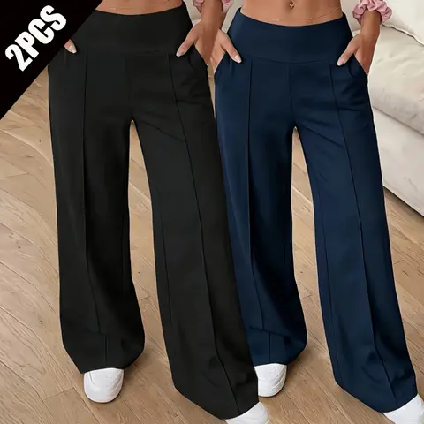 Women's 2-PCS Basic Trouser Bottom Clothes - Lightweight Casual Long Pants for Spring, Autumn - Suitable for Everyday Home Wear, Sports
