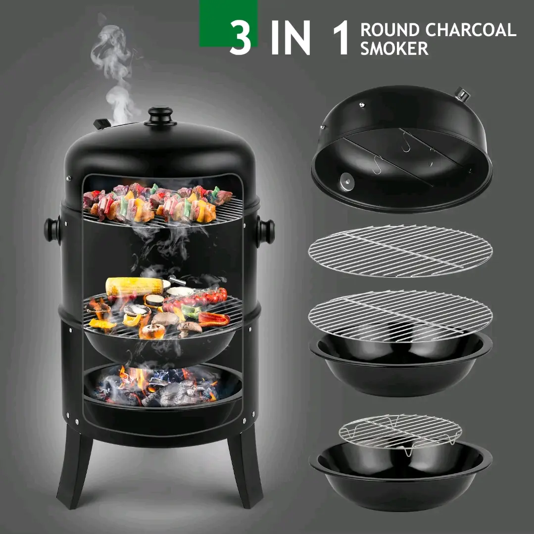 Sturdy Iron 3-in-1 Vertical Charcoal Smoker & BBQ Grill - Portable, Travel-Friendly, Built-in Thermometer, 2 Access Doors, Air Vent for Backyard Parties mini