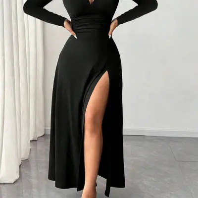 black lace long sleeve prom dress Black V neck Tulle Lace Long Prom Dresses, Black Lace Formal Evening D –  shdress