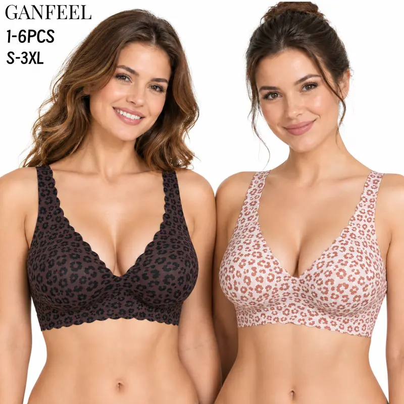 1/2/3/4/5/6PCSWomen's Jelly Wireless Bralettes  Scalloped, Seamless, Deep V, Push-Up, Comfortable T-Shirt Bras for Everyday Wear, S-3XL
