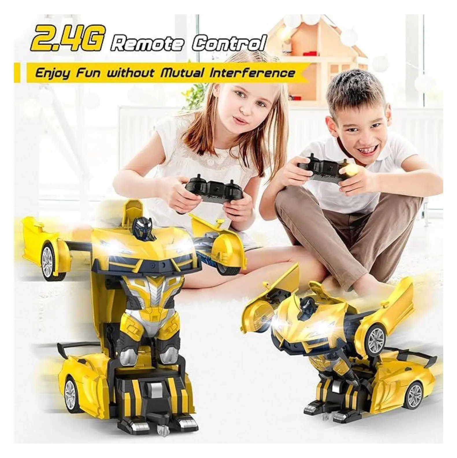 RC Transform Car, 1:16 Scale 2.4GHz Remote Control Robot Car for Boys Ages 3-8; One-Button Deformation, 360 Spin, Flashing Lights -  Birthday & Christmas Gift Yellow