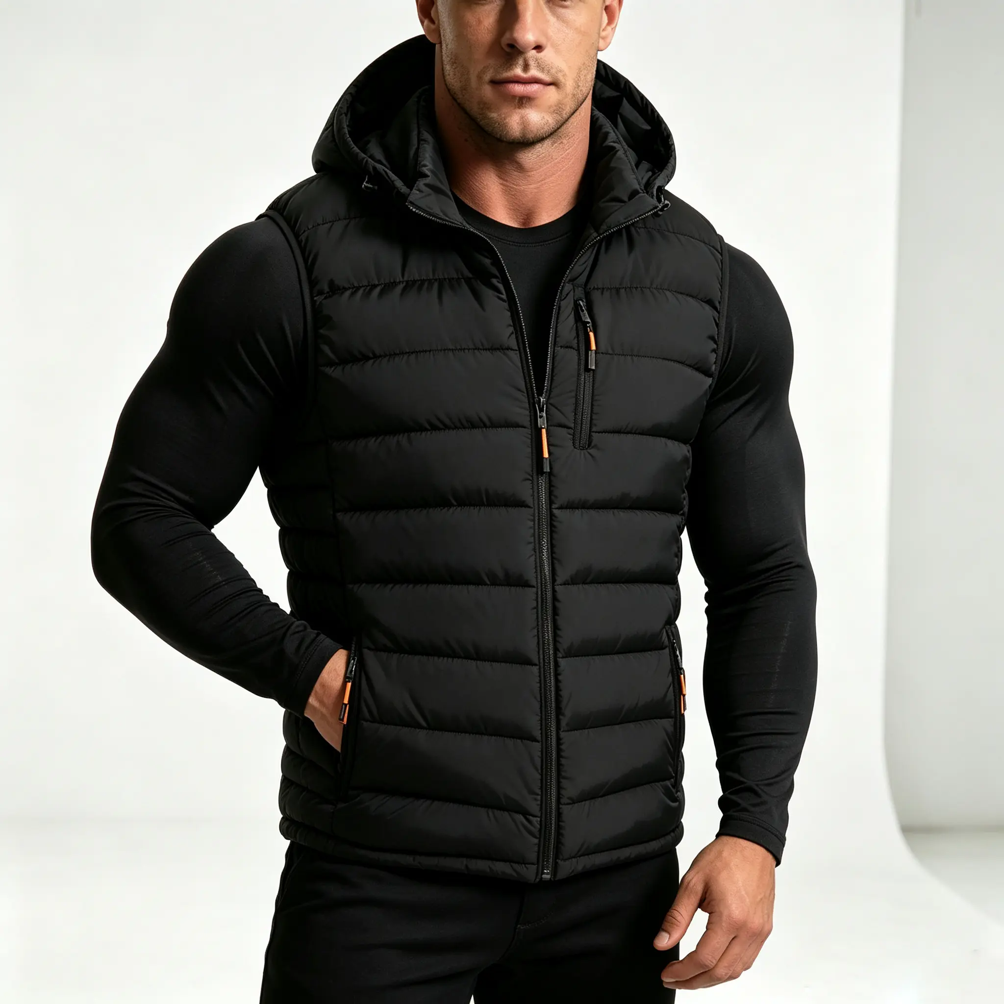 Spring/Autumn men’s lightweight hooded down cotton vest with horizontal quilting, sleeveless warm vest with multiple zippered pockets for outdoor sports and fitness, windproof layering vest jacket