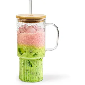 32oz Ribbed Glass Cup with Handle Lid and StrawBorosilicate Glass Tumblers, Iced Coffee Cups Modern Glass Mug Hot/Cold Drinks for Smoothies, , and Juice (clear-1 Pack- Lid)