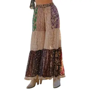 Boho Patchwork Print Tiered Lace Flare Pants (Wide Legs)