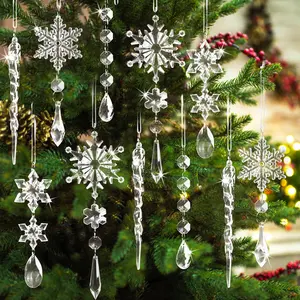 GuassLee 18pcs Crystal Christmas Ornaments for Tree Decorations Hanging Acrylic Snowflake Icicle Ornaments with Drop Pendants for Winter Wonderland Chandelier Crystals Decorations Supplies