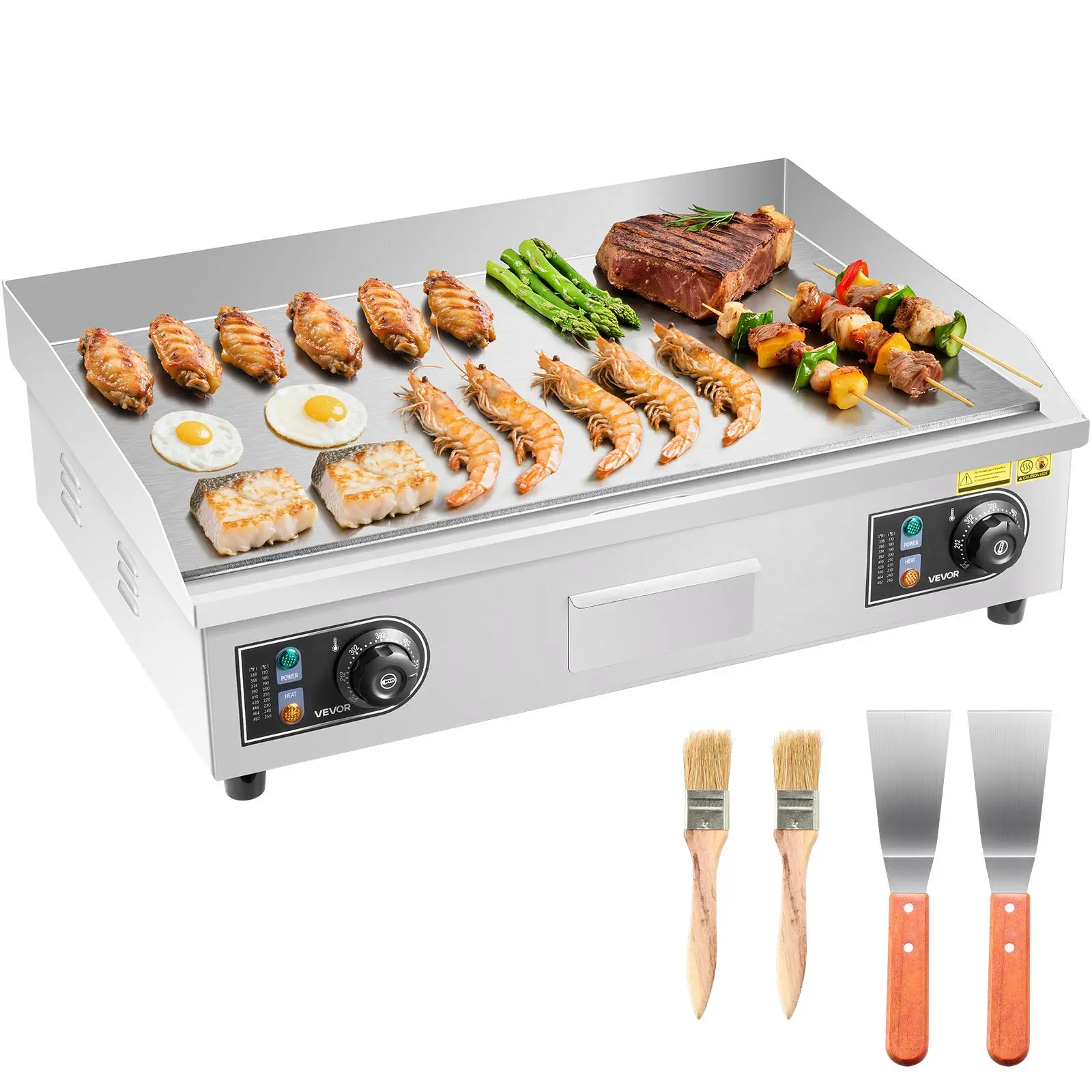 【DealsForYouDays】VEVOR Commercial Electric Griddle, 25.79x 15.75 inch, 2800W, 122-570F Adjustable Temp Control, Stainless Steel Body, Full Flat, with 2 Spatulas, 2 Brushes, and 4 Foot Pads, for Steak, Pancake