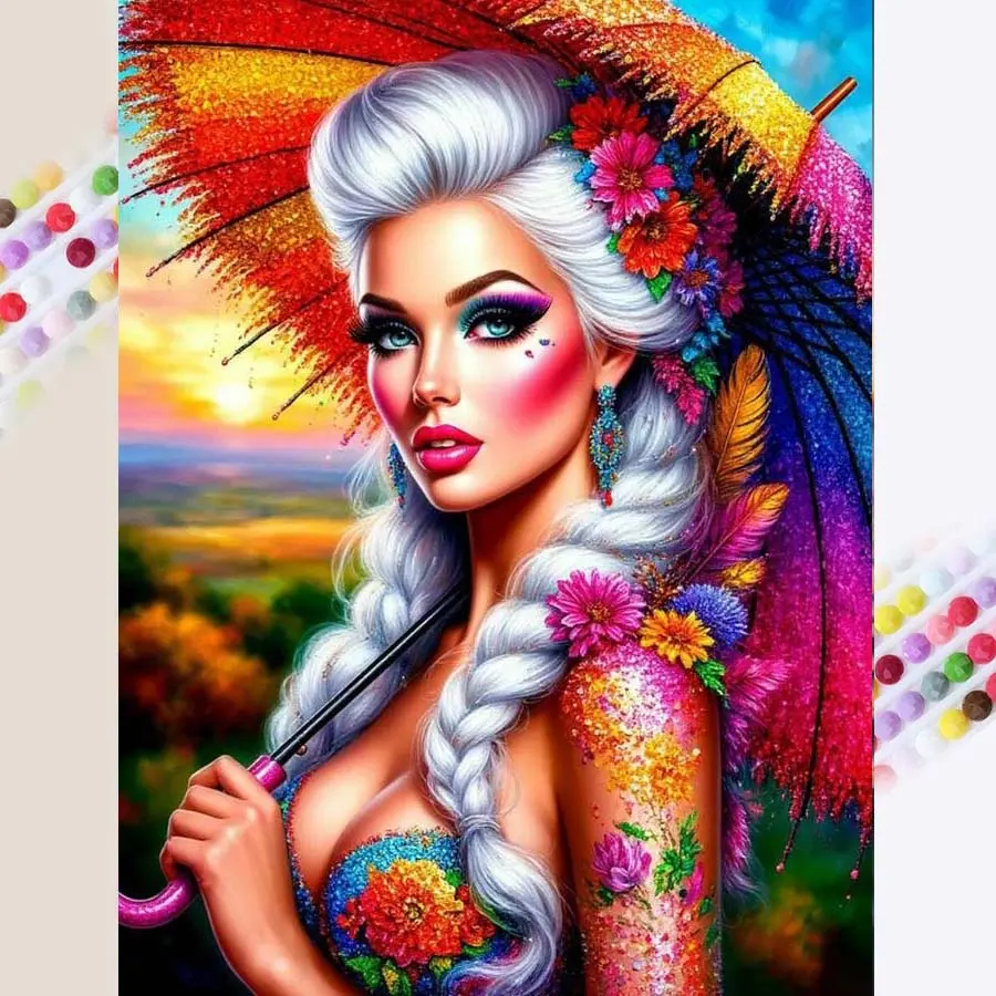 1 set of DIY diamond painting kit, 5D diamond art set, DIY decoration for women, parasol, floral mosaic, diamond art, DIY art home decoration, Diamond Art Tools