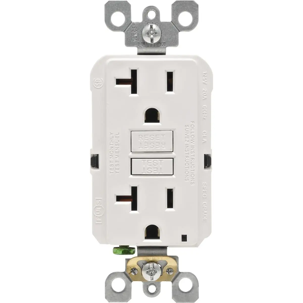 Leviton Mfg 212 MAIN R02-GFNT2-0KW Pro Slim Self-Test GFCI Power Socket, White, 20A Rating, 125V, Ground Fault Protection Outlet
