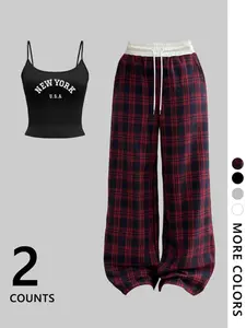 Holiday Must-Have Strapless Top & Plaid Checkered Pants Set, Slim-Fitting Short Design, Soft Elastic Fabric, // Colors, Perfect for Vacation