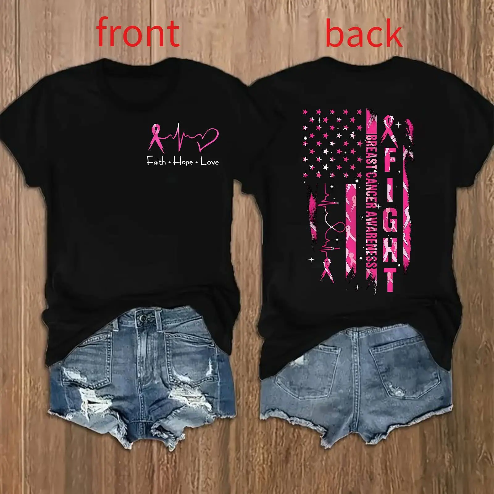 Women's Breast Cancer Awareness Graphic Print T-Shirt - Short Sleeve Crew Neck Casual Top with Pink Ribbon & "Empowerment" Design, Semi-Sheer Geometric Pattern, Machine Washable for Summer & Spring, Empowerment Clothing |       Inspirational Text Tee,vira