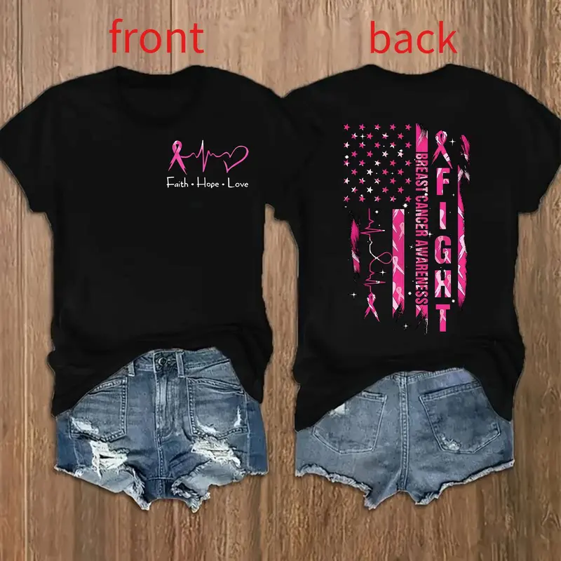Women's Breast Cancer Awareness Graphic Print T-Shirt - Short Sleeve Crew Neck Casual Top with Pink Ribbon & "Empowerment" Design, Semi-Sheer Geometric Pattern, Machine Washable for Summer & Spring, Empowerment Clothing |     Inspirational Text Tee,viral