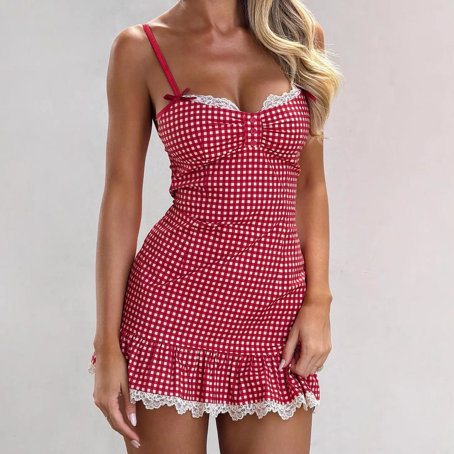 Women's Summer Plaid Cami Dress Sleeveless Lace Trim Hem Mini Spaghetti Strap Dress 100% Elastane Plaid Pattern