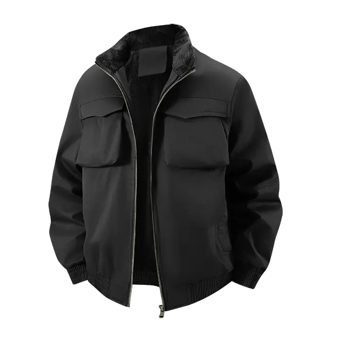 Men's Stand Collar Fleece Lined Fashion Black Flight Jacket Cozy Trendy Baseball Jersey Outerwear Suitable for Casual Street Style Daily Wear Lightweight Windproof Jacket Menswear Stylish winter outfits men puffer jacket men heated jacket fur coat