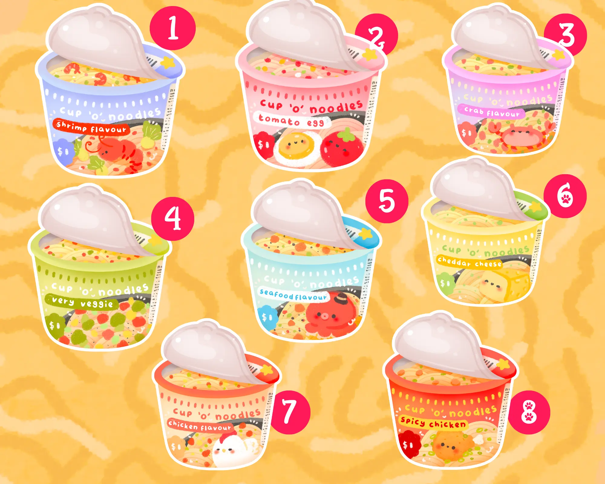 Noodle Different Flavors Sticker, Cute Ramen Food Decal, Kawaii Noodles Vinyl Sticker, Pasta Lover Cute Sticker, Food Aesthetic Noodle Sticker