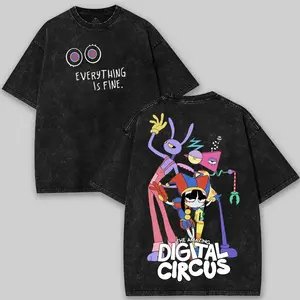 The Amazing Digital Circus Washed Cotton Shirt, TADC Shirt, Graphic Tee, Cartoon Double Printed Vintage Washed Tee Cotton T-shirt Fabric Menswear Top Collar GLR