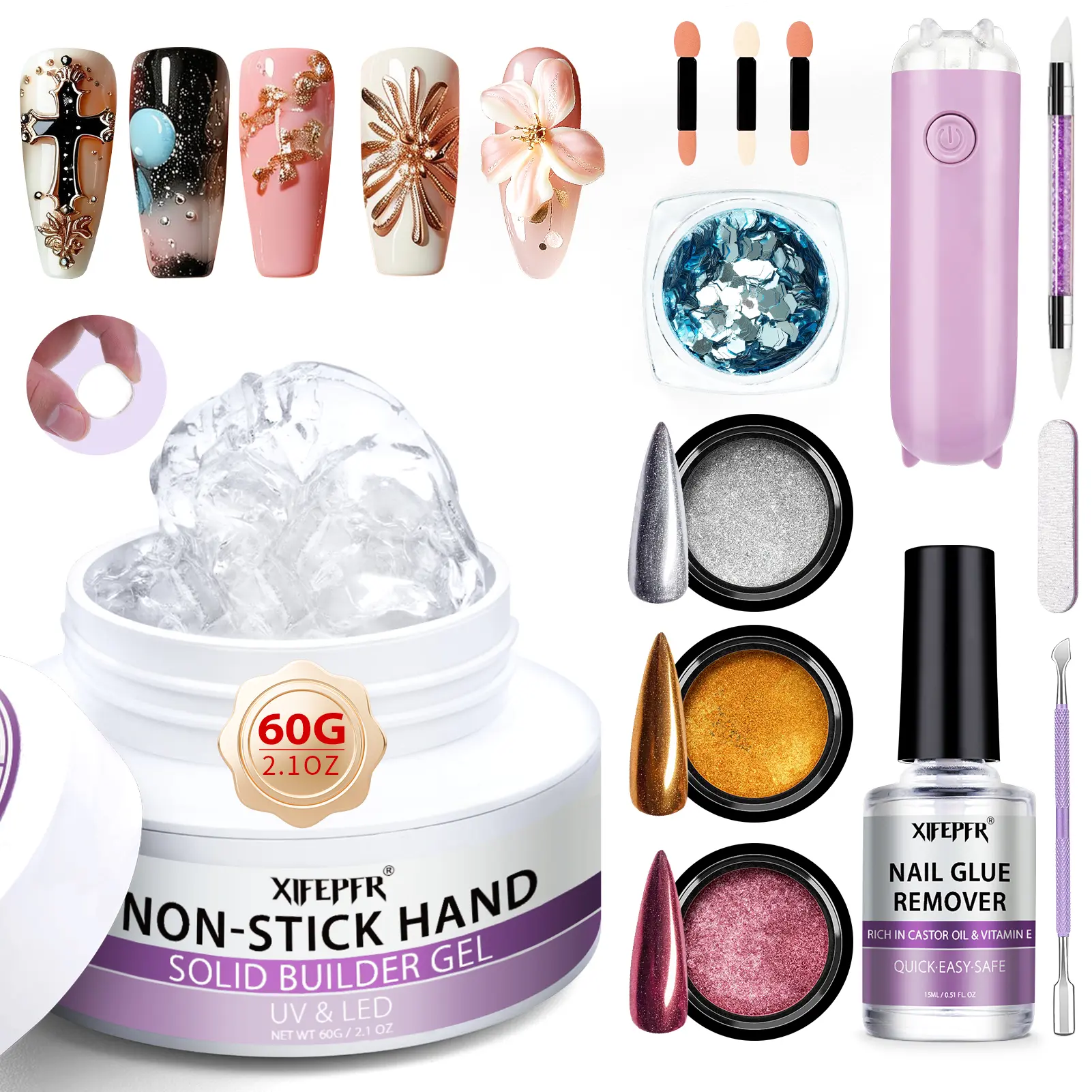 XIFEPFR All-in-1 Solid Builder Gel & Nail Glue Remover Kit, Non-Sticky, Clear 3D Gel, Nail Glue Remover & UV Light for 3D Nail Carving Emboss & Fast Extension, Sequins Chrome Powder DIY Salon Home