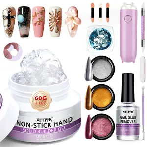 XIFEPFR All-in-1 Solid Builder Gel & Nail Glue Remover Kit, Non-Sticky, Clear 3D Gel, Nail Glue Remover & UV Light for 3D Nail Carving Emboss & Fast Extension, Sequins Chrome Powder DIY Salon Home