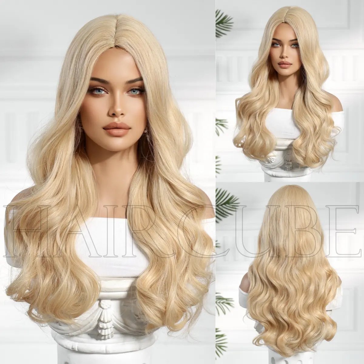 26-inch women's golden middle-part fluffy synthetic high-temperature silk rose net cap full wig with high layering, glue-free, heat-resistant, suitable for work, makeup-free, cosplay, music festivals, and other daily activities