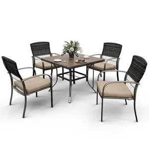 【Springtok】Pamapic 5 Piece Outdoor Dining Set with Plastic-Wood Table, 4 Rattan Swivel Chairs & Removable Cushions, Durable Iron Construction