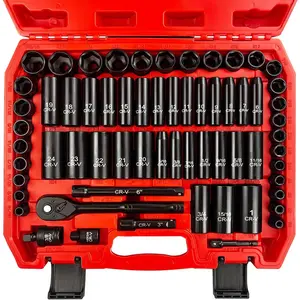 64PCS 3/8" Drive Impact Socket Set, SAE/Metric Deep & Shallow, Cr-V Steel 6 Point with 72T Ratchet Handle, Adapters, Extension Bars, Bit Adapter, Sizes 6-24mm 5/16-1 inch