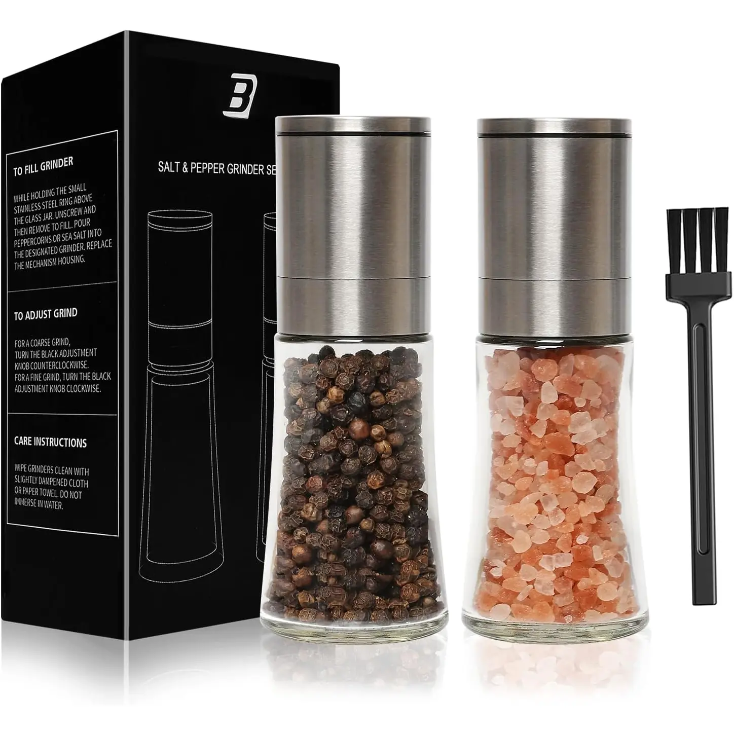 Salt and Pepper  Set of 2 - Adjustable Sea Salt , Pepper Mill , Salt and Pepper Shakers - Small Salt and Pepper  Set with Stainless Steel Cap and Glass Container