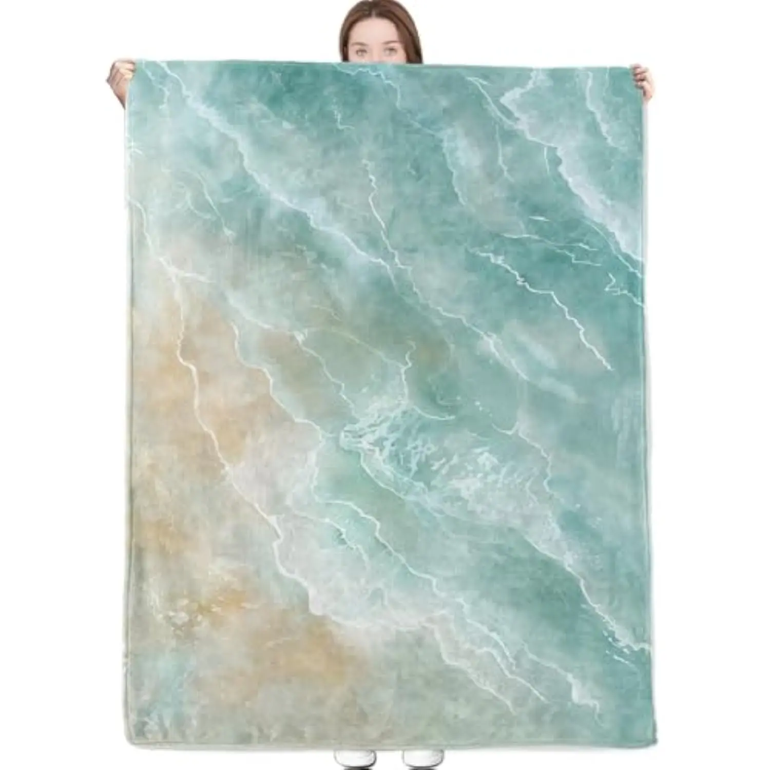 60x50in Beach Theme Lightweight Flannel Throw Blanket - Beach Scene, Soft Wave Aqua Blue Watercolor Coastal Landscape, Wrinkle Resistant, Foldable, Machine Washable for Camping, Couch, Home Decor Gifts for Adults, Grandparents, Durable, Full Print